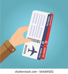 Hand holding boarding pass tickets. Air travel concept. Vector illustration.