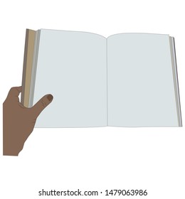 Hand holding book with blank pages. Flat cartoon style. Vector illustration.