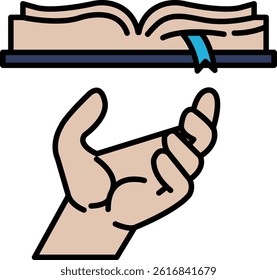 A hand holding a book with a bookmark. The hand is reaching out to the book, as if to grab it. Concept of curiosity and eagerness to learn
