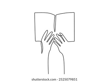hand holding book continuous one line drawing. Education concept. Vector illustration minimalist background.