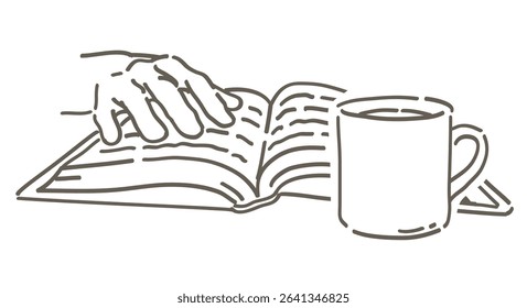 A hand holding a book and a cup of coffee. Simple line. Vector sketch illustration.