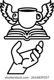 A hand is holding a book and a cup with wings on top of it