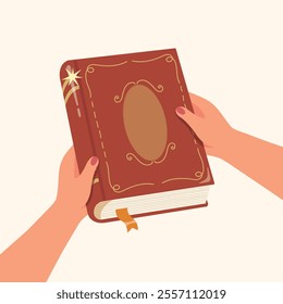 Hand holding a book. Fairy tale book design. Book day and happy reading a book design.