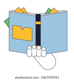 Hand, die Buch flach Linie Konzept Vektorgrafik. Literatur. Enciclopedian mit Aufklebern. Bildung 2D Cartoon Umriss Hand auf Weiß für Web UI Design. Bearbeitbares, isoliertes Farbheldenbild