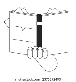 Hand holding book flat monochrome isolated vector object. Literature. Enciclopedian with stickers. Editable black and white line art drawing. Simple outline spot illustration for web graphic design