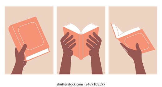 Hand holding book gesture flat vector illustration