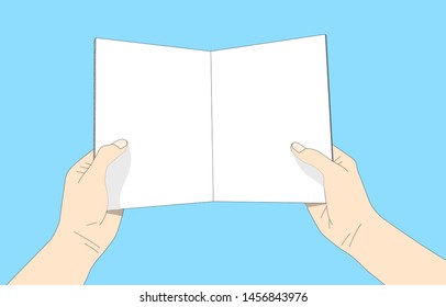 hand holding book isolated on blue background. concept reading and learning on white blank pages. 
