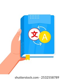 Hand holding book with language translation symbols, learning new language concept - Powered by Shutterstock - Get 15% off with code: PIKWIZARD15