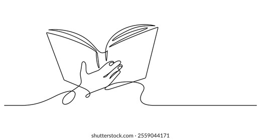 hand holding book one line drawing continuous copy space minimalist art education concept