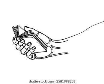 hand holding book one line continuous drawing copy space minimalism illustration