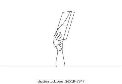 Mão segurando o livro uma linha desenhando o minimalismo contínuo, Continuous um desenho de uma linha de uma mão segurando um livro aberto, simbolizando a sabedoria e a descoberta.