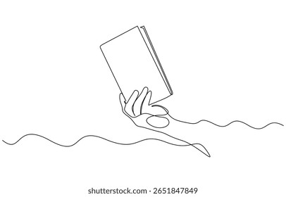 Mão segurando o livro uma linha desenhando o minimalismo contínuo, Continuous um desenho de uma linha de uma mão segurando um livro aberto, simbolizando a sabedoria e a descoberta.