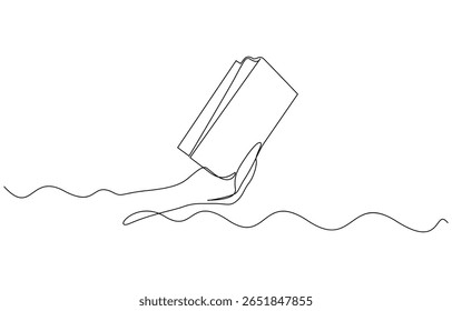 Mão segurando o livro uma linha desenhando o minimalismo contínuo, Continuous um desenho de uma linha de uma mão segurando um livro aberto, simbolizando a sabedoria e a descoberta.