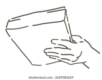 A hand holding a book. Simple line. Vector sketch illustration.