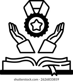 A hand holding a book with a star and a ribbon on top