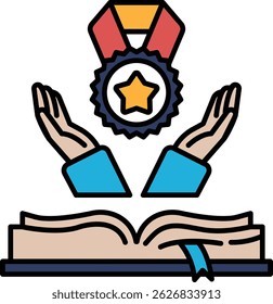 A hand holding a book with a star and a ribbon on top. Concept of achievement and success