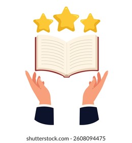 Hand holding book with stars of rating, Best seller of book style. Symbol of book recommended and popular book.