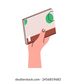 Hand holding book, textbook, notepad. Giving paper literature. Notebook, planner, organizer, diary in arm. Recommending, advising to read. Flat vector illustration isolated on white background