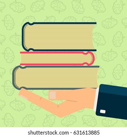 Hand holding books. Get books for read. Science and education concept. Vector illustration.