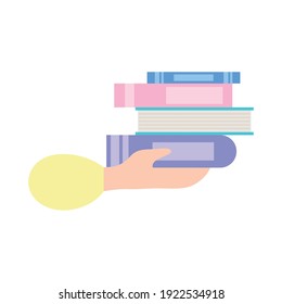 hand holding a books icon over white background, colorful design, vector illustration