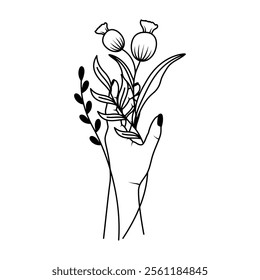 Hand Holding Botanical Stems, Minimalist Floral Black and White Bouquet Illustration