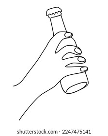 Hand holding a bottle of beer. Craft drink alcohol ale in simple linear style for bar and pub concept for menu. Oktoberfest equipment. Continuous one line drawing of beer glass with foam. Vector 