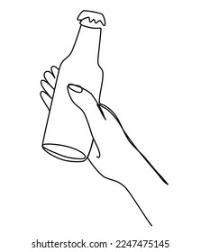 Hand holding a bottle of beer. Craft drink alcohol ale in simple linear style for bar and pub concept for menu. Oktoberfest equipment. Continuous one line drawing of beer glass with foam. Vector 