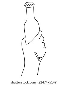 Hand holding a bottle of beer. Craft drink alcohol ale in simple linear style for bar and pub concept for menu. Oktoberfest equipment. Continuous one line drawing of beer glass with foam. Vector 