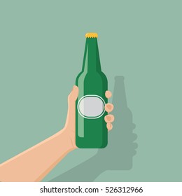 hand holding bottle beer, flat design, vector illustration eps10.