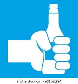 Hand holding bottle of beer icon white isolated on blue background vector illustration
