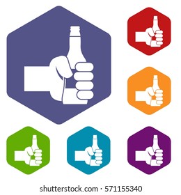 Hand holding bottle of beer icons set rhombus in different colors isolated on white background