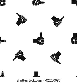 Hand holding bottle of beer pattern repeat seamless in black color for any design. Vector geometric illustration