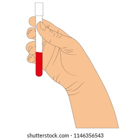 Hand holding a bottle of blood sample. Vector illustration on a white background.