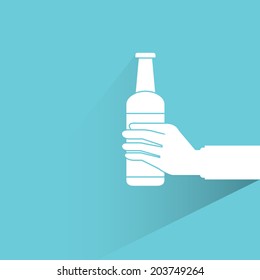 hand holding bottle, blue background, flat and shadow theme