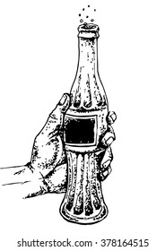 Hand Holding Bottle Is A Carbonated Soft Drink. Hand Drawn Illustration 