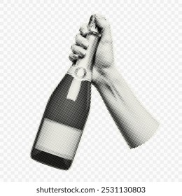 Hand holding a bottle of champagne. Trendy element with halfton effect for a greeting card, collage, cover design.