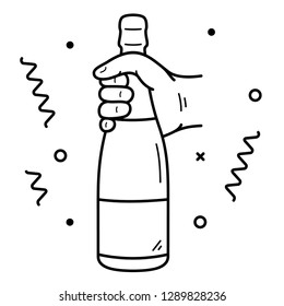 Hand holding bottle of champagne. Vector outline icon isolated on white background.
