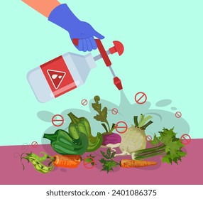 Botella de mano con productos químicos y pesticidas para rociar sobre vegetales. Ilustración vectorial. Círculos prohibidos. Daño del uso de plaguicidas y productos químicos