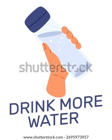 Hand holding bottle of clean drinking water. Quench thirst. Refreshment and hydration. Human arms. Bottled pure aqua. Plastic reusable flask. Refreshing beverage. Vector concept of healthy H2O drink