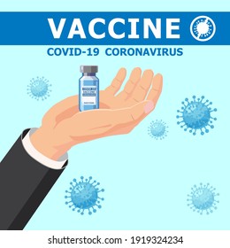 Hand holding bottle Coronavirus vaccine. Treatment, provention or fight against for coronavirus covid-19. Vector illustration isolated poster template