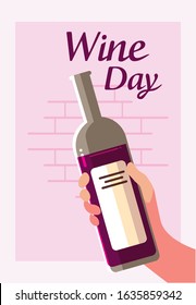 Hand holding bottle design, Wine day winery alcohol drink beverage restaurant and celebration theme Vector illustration