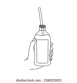Hand, die eine Flasche Getränk mit einem Strohhalm hält. Die Illustration eignet sich perfekt für Werbung, Menü, Visualisierung von Lebensmitteln.
