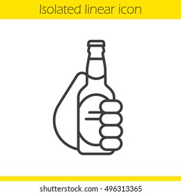 Hand Holding Bottle Linear Icon. Cheers. Thin Line Illustration. Toasting Hand With Beer. Contour Symbol. Vector Isolated Outline Drawing