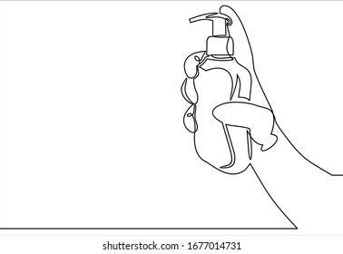 hand holding bottle with liquid soap.Continuous one line drawing. 