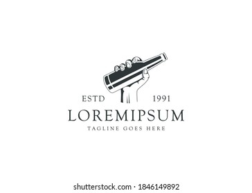 Hand Holding The Bottle. Logo Template. Illustration of Hands Raised Up With Hand Holding Liquor Bottle. Celebration. Vector Design.