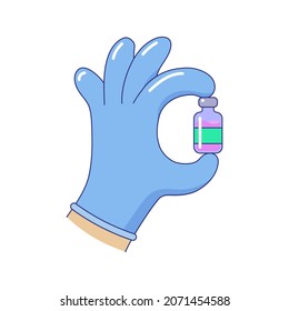 Hand holding bottle of medicine doing ok sign. Laboratory sample in glass ampoule. Vaccination, immunization, medical treatment vector illustration on white background