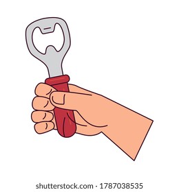 hand holding a bottle opener on white background vector illustration design
