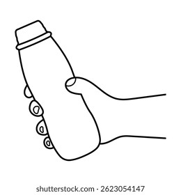 Hand Holding a Bottle Outline Vector Illustration. Black and white vector illustration features a hand firmly gripping a plastic bottle.