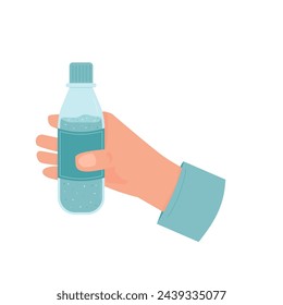 Hand holding bottle of still water isolated on white background. Fresh clean drink in plastic container. Aqua healthy cold beverage. Stay hydrated. Vector flat illustration.