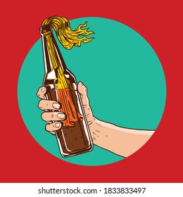 hand holding bottle in vector illustration